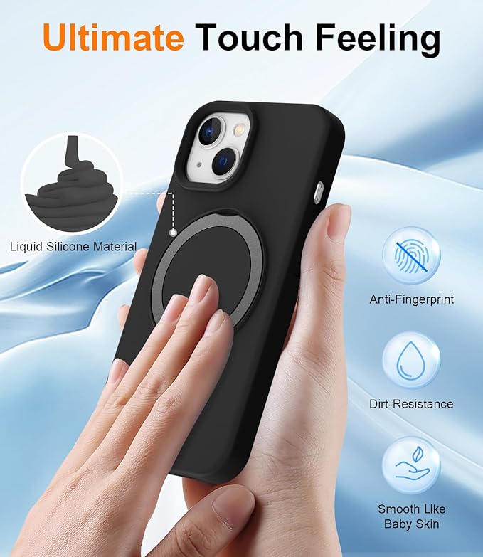 ZHK Liquid Silicone Designed for iPhone 13/14 Case with Magnet Stand, [Mil-Grade Drop Shockproof][Soft Anti-Scratch Microfiber Lining] Slim Fit Cover, Black