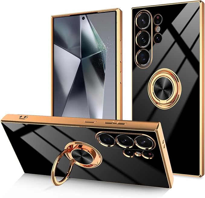 Dinick Black for Samsung Galaxy S24 Ultra Case with Ring Holder Kickstand [with Magnetic] Soft TPU Bumper, Glitter Gold Electroplated Cover Slim Thin Protective Phone Case for Galaxy S24 Ultra