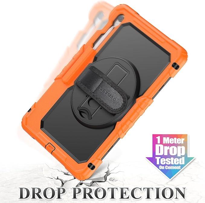 SEYMAC stock Case for Samsung Galaxy Tab S10 FE+ Plus 5G Tablet Case 13.1'' Protective with Screen Protector, Pencil Holder, 360 Rotating Stand, Hand Strap, Shoulder Strap, Black+Orange