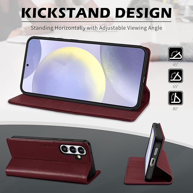 SHIELDON Case for Galaxy S25 5G 6.2", Genuine Leather Wallet Flip Magnetic Cover RFID Blocking Credit Card Slot Kickstand Shockproof Protective Case Compatible with Galaxy S25 2025 - Nappa Wine Red