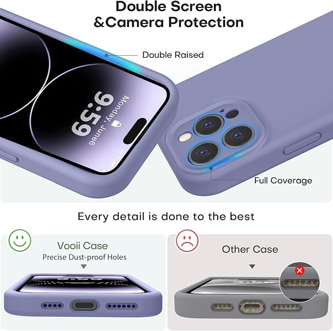 Vooii Compatible with iPhone 14 Pro Max Case, Liquid Silicone Upgrade [Camera Protection] [Soft Anti-Scratch Microfiber Lining] Shockproof Phone Case for iPhone 14 Pro Max 6.7 inch - Lavender Grey