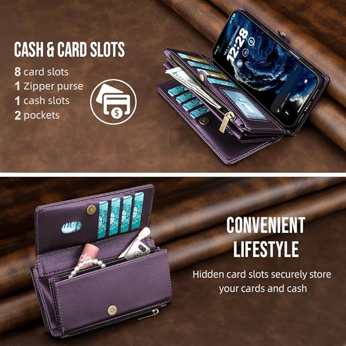 for iPhone Air Wallet Phone Case with 8 Card Holder,RFID Blocking | PU Leather | Kickstand | Flip | Wrist Strap&Shoulder Strap | Shockproof | Zipper Wallet | Women Men | 6.5" | Purple