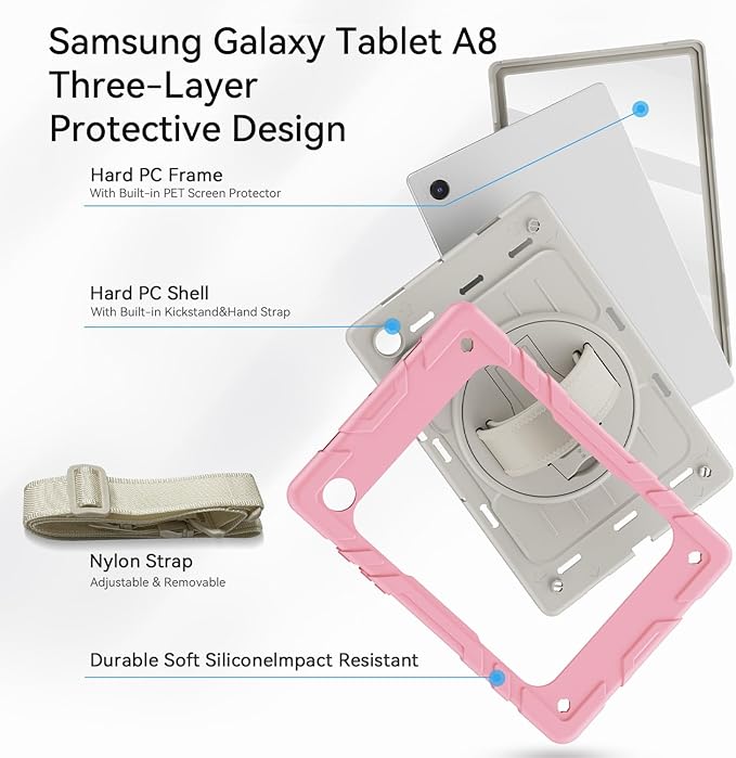 for Samsung Galaxy Tablet A8 Case 10.5 inch 2022 SM-X200/X205/X207 with Screen Protector [360 Rotating Stand] &Hand Shoulder Strap Shockproof Rugged Protective Cover|Pink&Beige