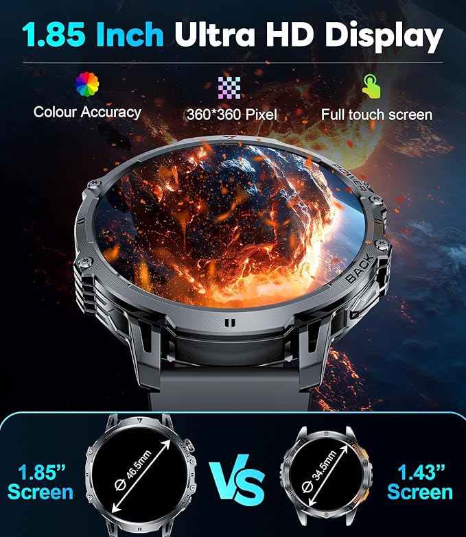 Military Smartwatch for Men(Answer/Make Calls),1000mAh Battery 1.85” HD Large Screen Fitness Watches with 100+ Sports Modes/Heart Rate Monitor Built-in LED Flashlight for Android iOS