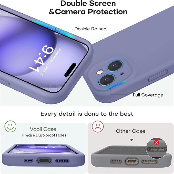 Vooii Compatible with iPhone 15 Case, Upgrade Defender Liquid Silicone, [Enhanced Camera Protection] [Soft Anti-Scratch Microfiber Lining] Shockproof Phone Case for iPhone 15 6.1 inch - Lavender Grey