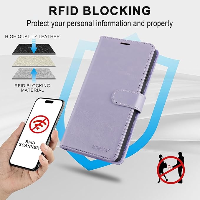 MONASAY Wallet Case Compatible for Galaxy S23 Ultra 5G,[RFID Blocking] Flip Folio Leather Cell Phone Cover with Credit Card Holder, 6.8 inch, Lavenders