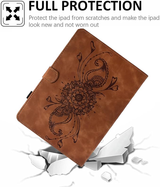 Mandala Flower Case for Galaxy Tab A9+ Plus 11 Inch 2024 2023 (SM-X210/X216/X218), for Galaxy Tab A9+ Plus Case, Cute Elegant Embossed Suede Leather Folio Stand Cover with Auto Wake/Sleep, Brown