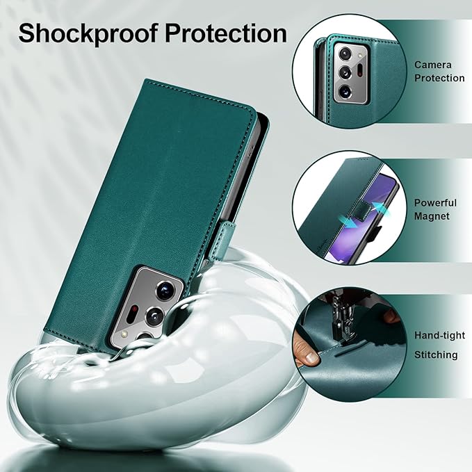 Wallet Flip Case for Samsung Galaxy Note 20 Ultra - [RFID Blocking] Luxury PU Leather Card Holder Magnetic Phone Cover with Kickstand,Shockproof Protective Case,Green