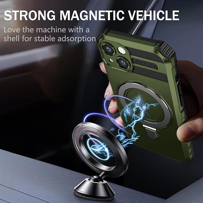 for iPhone 13 Case Magnetic Compatible with MagSafe Wireless Charging,with 2 Screen Protectors,Built-in Kickstand Ring,Shockproof Shock-Absorbent Scratch Resistant Heavy Duty Protection Green