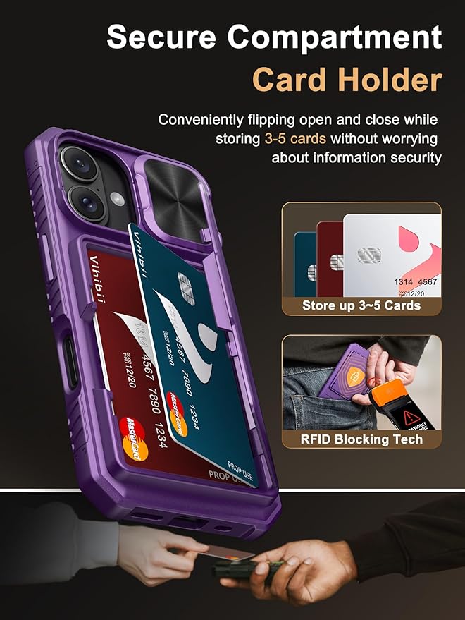 Vihibii for iPhone 16 Case Wallet with Card Holder (4 Cards) [RFID Blocking] & Slide Camera Cover, Military Grade Drop Protection, Hard Back & Silicone Edge Phone Cover, 6.1" 2024, Dark Purple