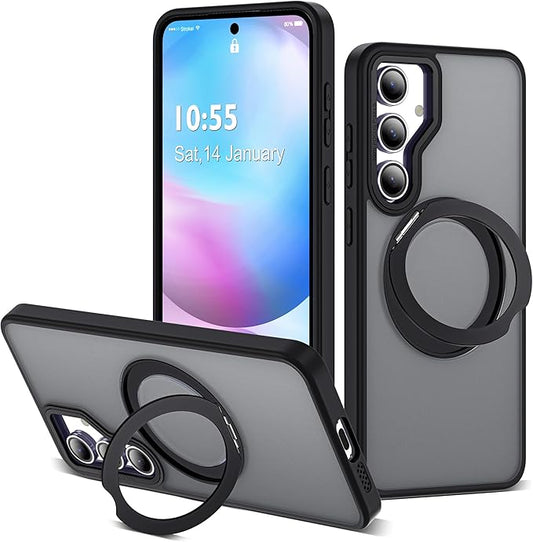 for Samsung Galaxy S24 FE Case with 360° Rotatable Magnetic Ring Stand Compatible with Mag-Safe Military Protection Shockproof Matte Translucent Phone Cases for S24 FE,Black