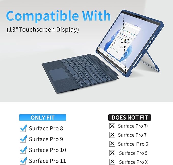 Case Updated Version fit Microsoft Surface Pro 11/10 /9/8 13-Inch, All-in-one Rugged Case Compatible with Type Cover Keyboards, Transparent&Navy Blue
