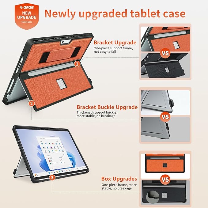 Case fit Microsoft Surface Pro 11/10/9/8 13-Inch, with Stent Cover, Hand Strap, All-in-one Rugged Case Compatible with Type Cover Keyboards, Orange