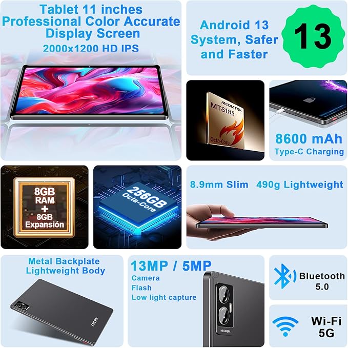 Tablet Android 11 inch Latest with 16GB+256GB+1TB Expand, 8600mAh, Support, Octa-Core 2.0 GHz, 5G WiFi, Dual Camera, Bluetooth 5.0, HD Screen Tablet with Keyboard and Mouse - Grey