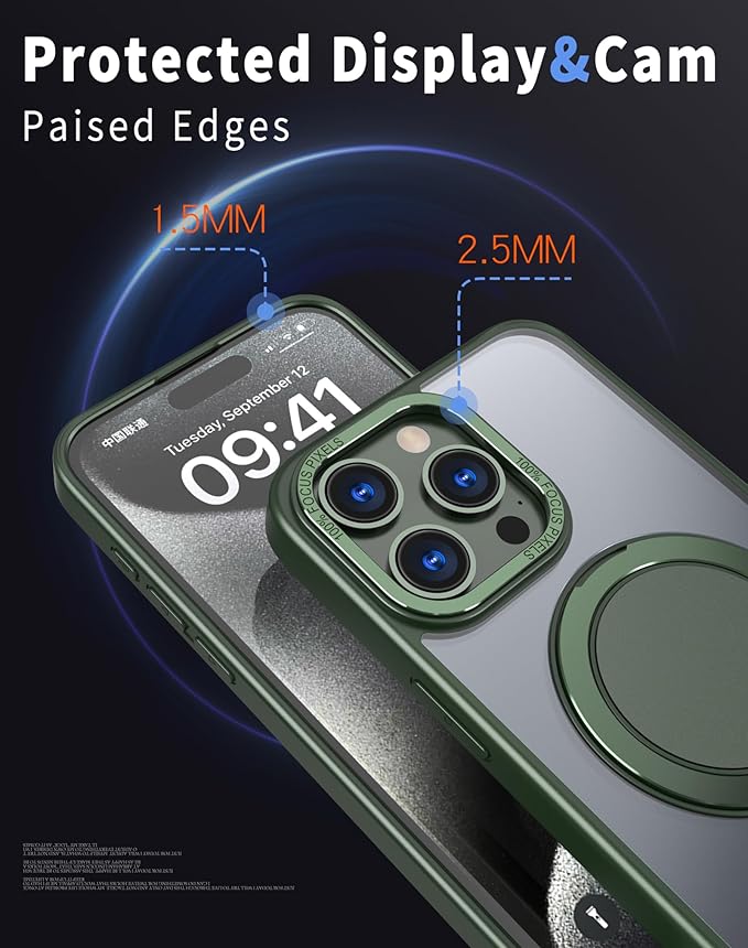 Magnetic Stand Case for iPhone 15 Pro Max [with 2 Tempered Glass Film] [360° Rotation Magnetic Stand] [Compatible with Magsafe] Military-Grade Drop Protection Case, Green