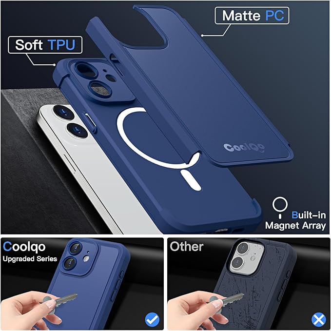 COOLQO Magnetic for iPhone 12 Case, Compatible with MagSafe, Dual Layer Design Military Grade Protection, Translucent Matte Scratch-Resistant Back Protective Shockproof Phone Case, Blue
