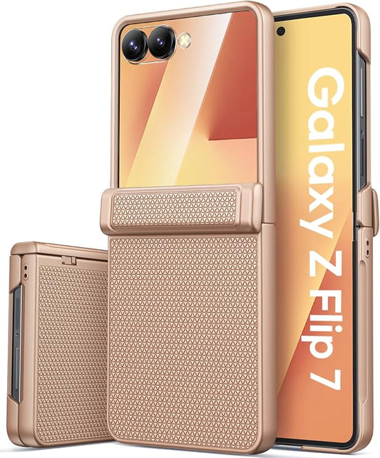 Vihibii for Samsung Galaxy Z Flip 7 Case with Outer Screen Protector & Rugged Hinge Protection & Non-Slip Texture, Shockproof Sturdy Full Body Phone Cover for Samsung Galaxy Z Flip 7 2025, Rose Gold