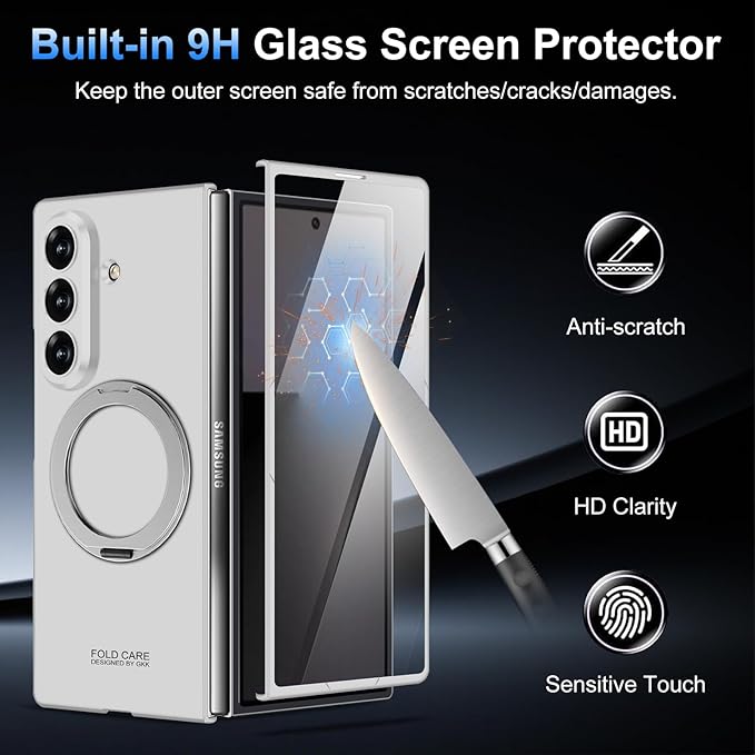 360 Spin Magnetic Stand for Samsung Galaxy Z Fold 7 Case, with Screen Protector [Compatible with MagSafe] Slim PC Hard Ring Holder Kickstand Protection Cover for Samsung Z Fold 7 Phone Case (Silver)