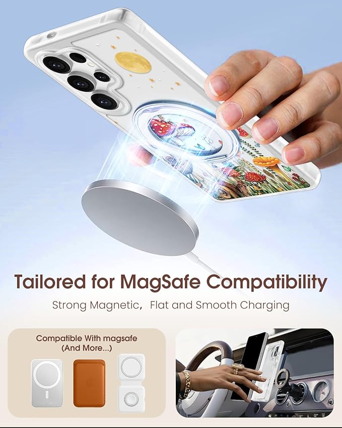 for Samsung Galaxy S25 Ultra Case with 360° Rotatable Magnetic Ring - Compatible with MagSafe, Semi-Transparent Soft-Touch Material Shockproof, Cute Mushroom & Butterfly Design for Women Girl