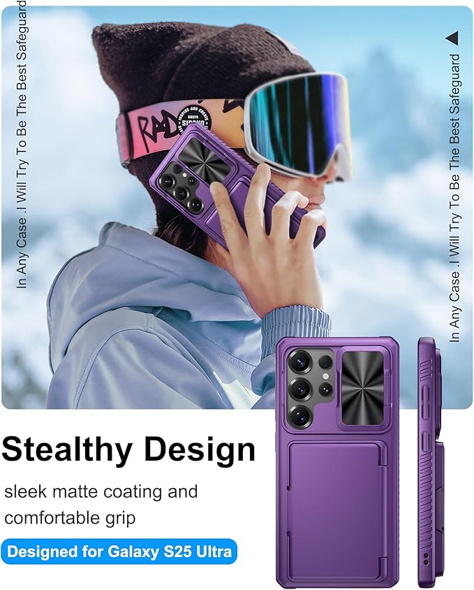 for Samsung Galaxy S25 Ultra Wallet Case, Card Holder (4-5 Cards), RFID Block, Slide Camera Cover & Military Grade Drop, Hard Heavy Duty Men Women Phone Case for Samsung Galaxy S25 Ultra, Purple
