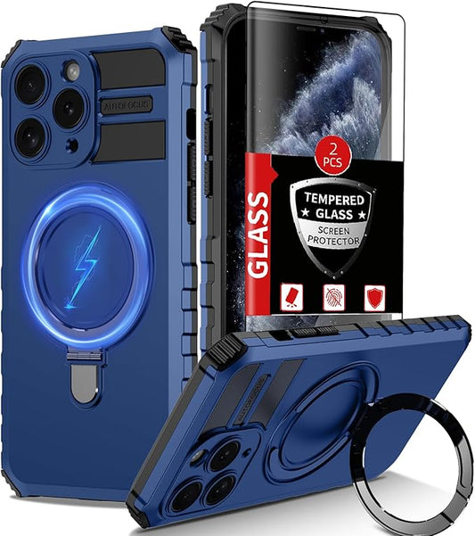 for iPhone 11 Pro Max Case Magnetic Compatible with MagSafe Wireless Charging,with 2 Screen Protectors,with Kickstand Shockproof Shock-Absorbent Heavy Duty Protection Scratch Resistant Blue