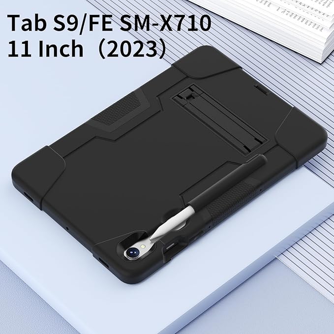 case for Galaxy Tablet S9 FE & S9 2023 (SM-X710/X718U/X716B/X510/X516B), Soft Silicone & Hard Pc 3-Layer Military Protector Cover for Tab S10 FE S8 S7 with S-Pen Holder Stand caseblack+Black