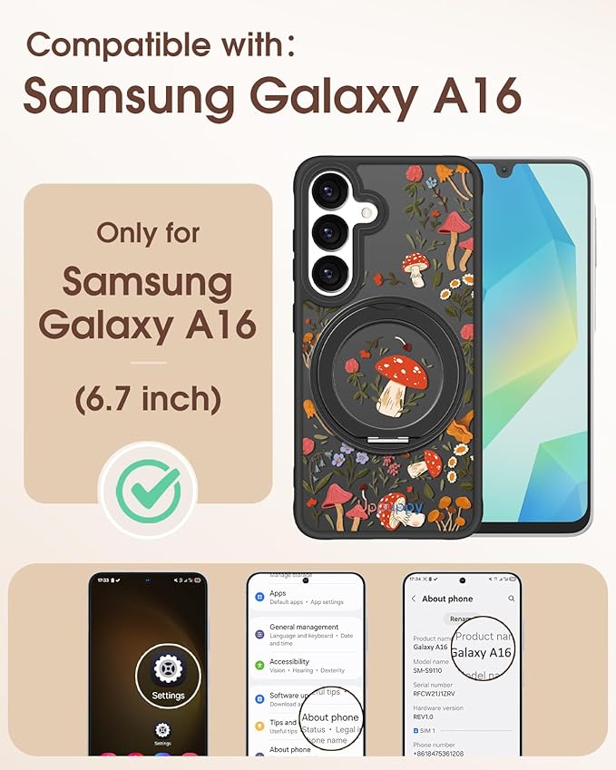 for Samsung Galaxy A16 4G/5G Case with 360° Rotatable Magnetic Ring - Semi-Transparent Anti-Fingerprint Soft-Touch Material Shockproof, Cute Mushroom Design for Women Girl