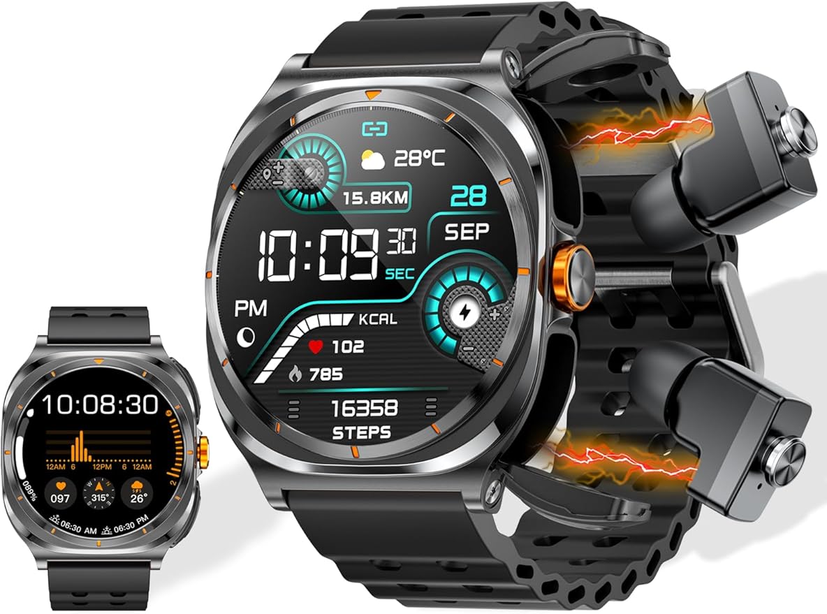 ZJX Smart Watch with Earbuds(Answer&Make Calls) 1.53" HD Screen Smartwatch for Men, Sports Watches 100+ Sports Modes (Cycling/Fitness/Hiking), Rugged Military Bluetooth Call Fitness Tracker