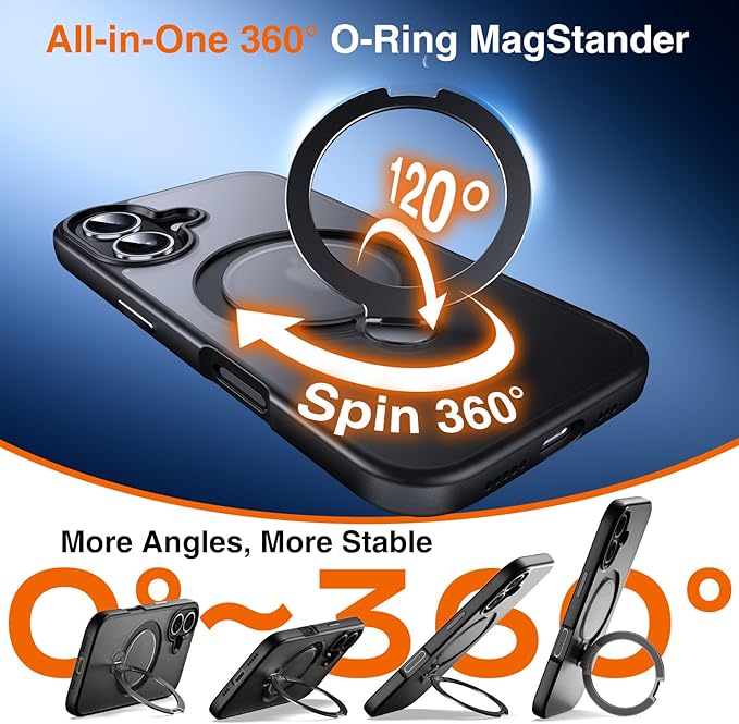360° O-Ring MagStander for iPhone 16 Case with Magnetic Kickstand Ring Holder [Compatible with MagSafe][360°Rotate Stand Ring][Military Shockproof] Magnet iPhone 16 Phone Cover Matte Black