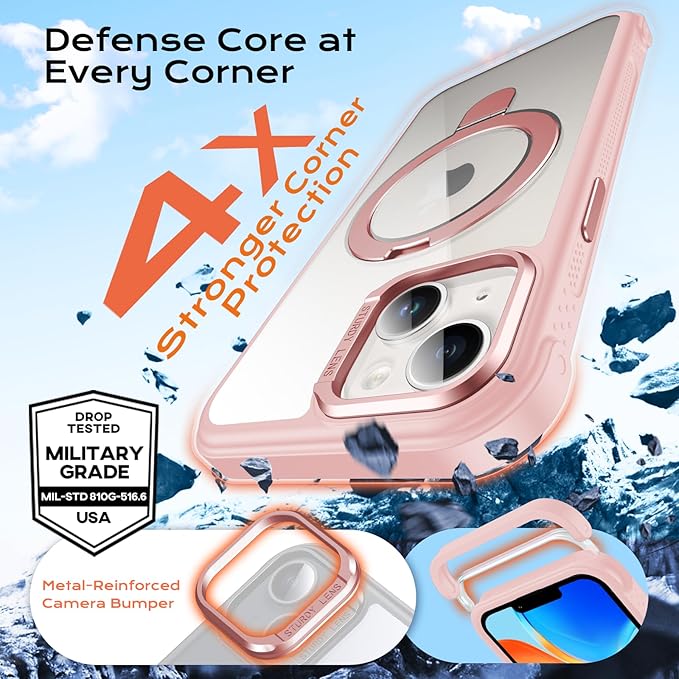 Anqrp O-Ring Magnetic Kickstand Clear Case for iPhone 14/13, Compatible with Mag-Safe, Military-Grade Reinforced 4-Corners Anti-Yellowing Transparent Phone Case Cover for iPhone 13/14, Pink
