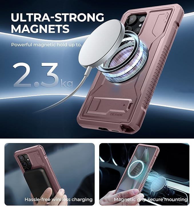 Dexnor Magnetic Case for Samsung Galaxy S24 Ultra Case, Compatible with Magsafe, 2 Front Frames & Built-in Screen Protector, Bumper Rugged Shockproof Full-Body Protective Cover with Kickstand,Pink