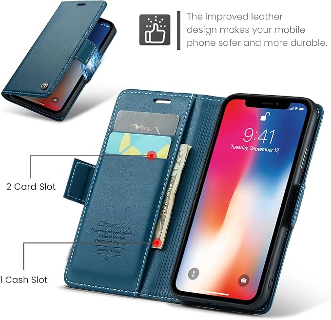 for iPhone X Case/iPhone Xs Case, Premium PU Leather Wallet Case Flip Cover with [RFID Blocking][Card Holder][Stand Function] Shockproof Protective for iPhone X/XS, Blue