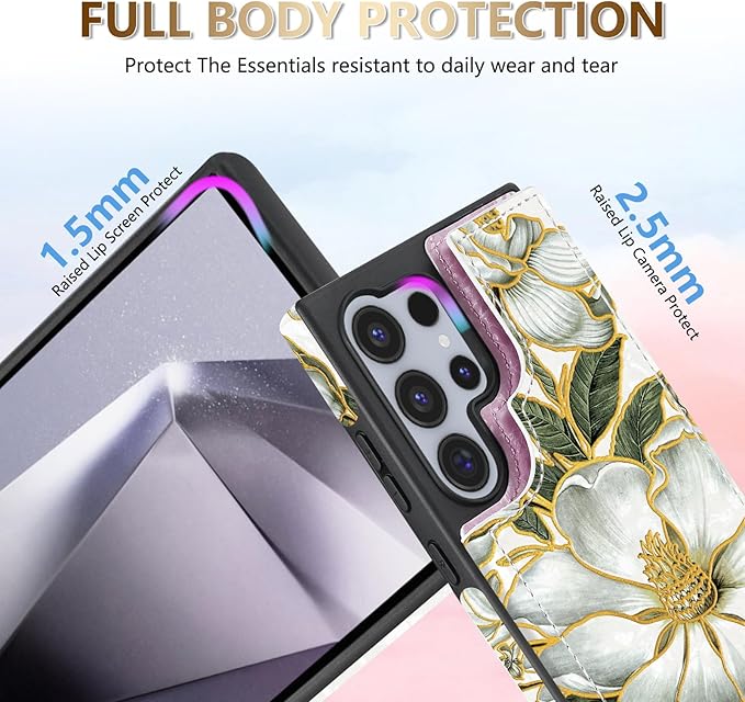 NNH Compatible with Samsung Galaxy S25 Ultra Wallet Case with RFID Blocking Card Slots Flip PU Leather Kickstand Double Magnetic Clasp Design Cover for Galaxy S25 Ultra(6.8 inch-Magnolia Flowers)