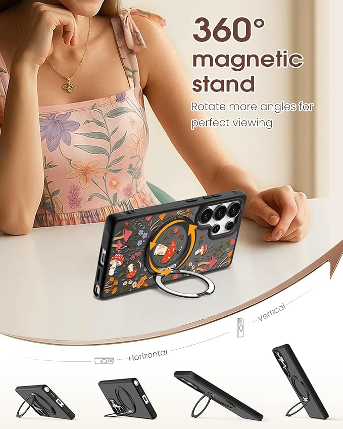 for Samsung Galaxy S25 Ultra Case with 360° Rotatable Magnetic Ring - Compatible with MagSafe, Semi-Transparent Soft-Touch Material Shockproof, Cute Mushroom Design for Women Girl