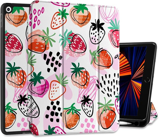 DONGKE Case Compatible with iPad 10.2 Inch 2021 2020 2019 iPad 9th/8th/7th Generation with Pencil Holder, Slim Stand Protective Case with Soft TPU Back, Auto Sleep/Wake Cover, Strawberrys