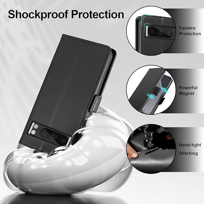 Wallet Flip Case for Google Pixel 8 Pro - [RFID Blocking] Luxury PU Leather Card Holder Magnetic Phone Cover with Kickstand,Shockproof Protective Case,Black