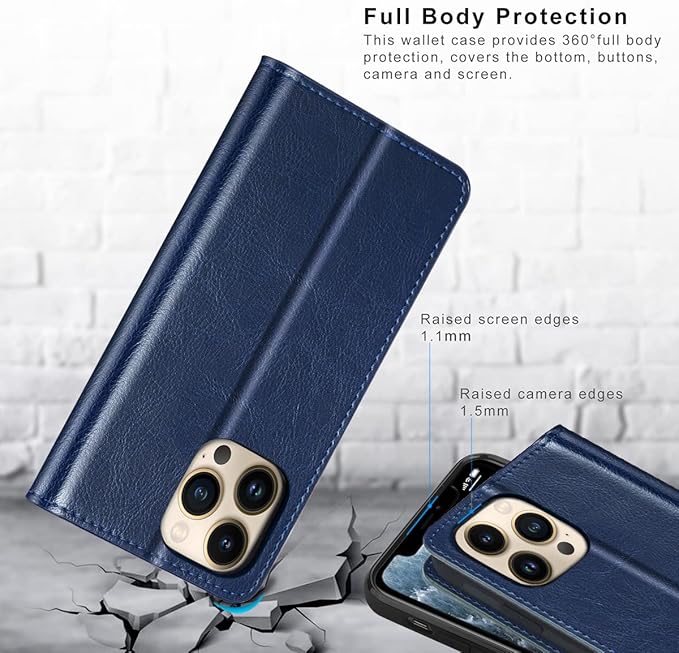 Belemay Compatible with iPhone 14 Pro Max Case Wallet-Genuine Leather Flip Case-RFID Blocking Card Holders-Shockproof TPU Shell Folio Cover Women Men Compatible with iPhone 14 Pro Max (6.7-inch) Navy