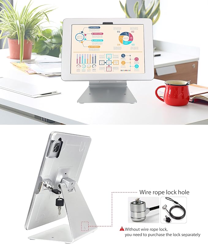 Desktop Anti-Theft Security Kiosk Stand Holder for 2025 iPad 11" (A16) 11th / 2022 iPad 10.9" 10th Gen.,with Lock & Key,Flip &360°Rotating Horizontal or Vertical,Metal(Silver)
