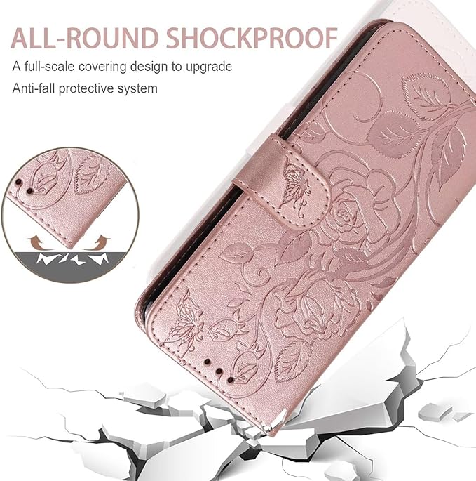for iPhone 13 Case, iPhone 14 Wallet Case with Tempered Glass Screen Protector, Flower Leather Flip Protective Case Credit Card Holder Stand Phone Cover for iPhone 14 Rose Gold