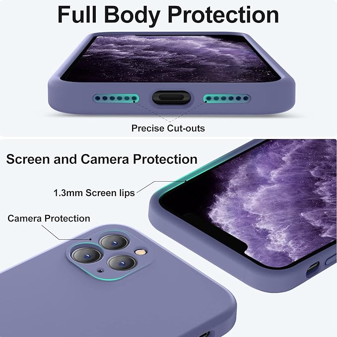 Vooii Compatible with iPhone 11 Pro Max Case, Upgraded Liquid Silicone with [Flat Edges] [Camera Protection] [Soft Anti-Scratch Microfiber Lining] Phone Case for iPhone 11 Pro Max - Lavender Grey