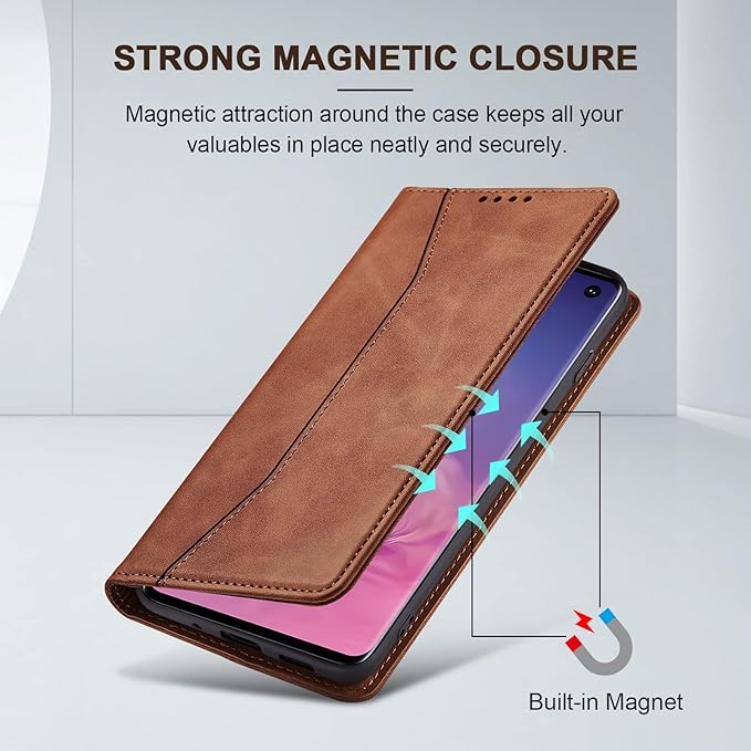 Jasonyu Flip Wallet Case for Samsung Galaxy S10,Leather Magnetic Folio Cover with Card Holder,Kickstand - TPU Shockproof Durable Protective Phone Case,Brown