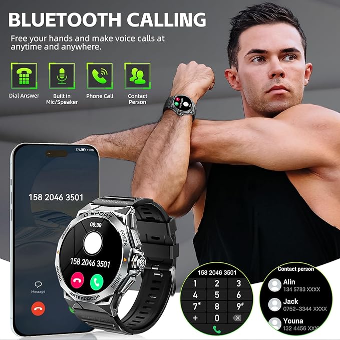 Military Smart Watch for Men with 1.43'' AMOLED Always On Display Watch 300mAh Battery Rugged Smartwatch with Heart Rate Blood Oxygen Sleep Monitor Fitness Tracker for iPhone Android (Stainless Steel)