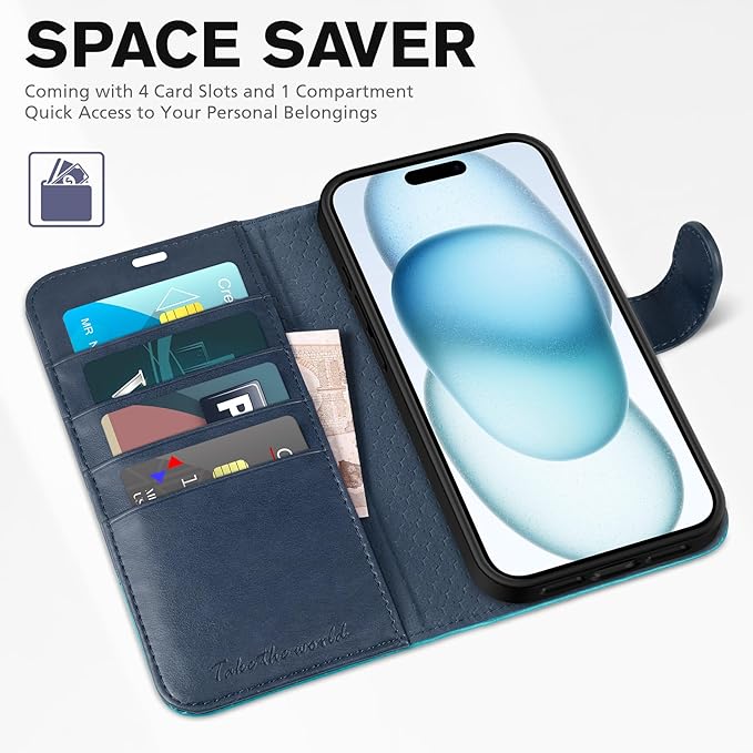 TUCCH Wallet Case for iPhone 15, [RFID Blocking] [4 Card Slots] TPU Interior Protective Case, Magnetic Folio Shockproof PU Leather Stand Flip Cover Compatible with iPhone 15 6.1", Dark Blue&Lake Blue