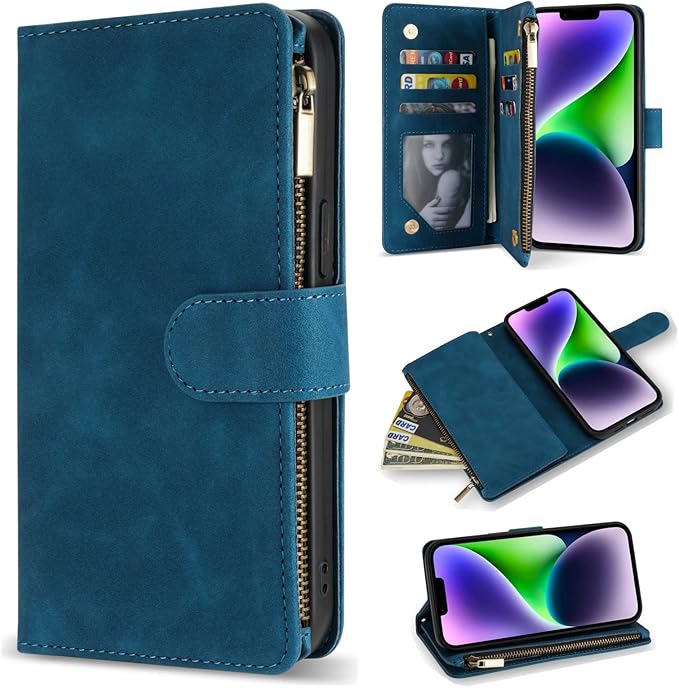 ZZXX for iPhone 14 Plus Case Wallet with [RFID Blocking] Card Slot Premium Soft PU Leather Zipper Flip Folio with Wrist Strap Kickstand Protective Cover for iPhone 14 Plus Wallet Case(Blue-6.7 inch)