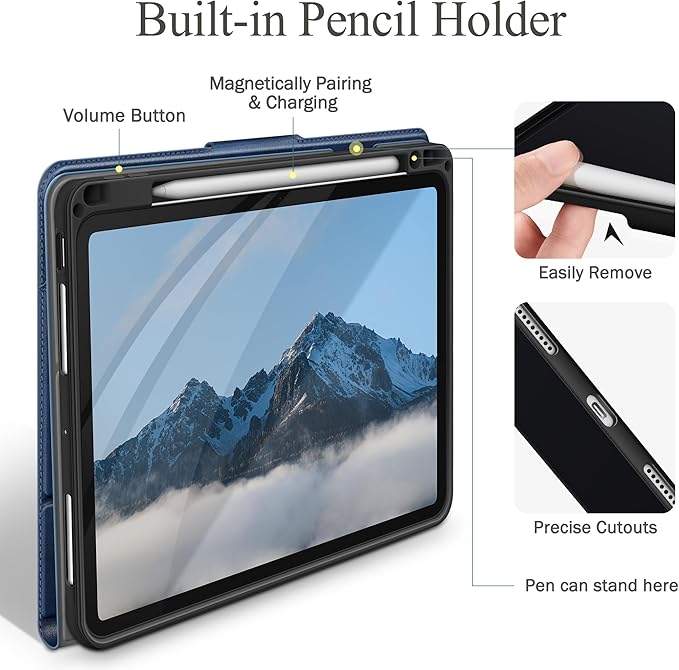 auaua Case for iPad Pro 11 Inch (M4) 2024 5th Gen (Model: A2836/A2837/A3006), with Pencil Holder and Pocket, Multiple Angles Viewing, Magnetic Closure, Auto Sleep/Wake (Blue)