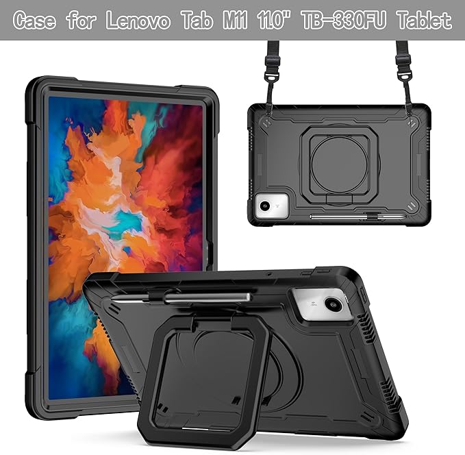 Case for Lenovo Tab M11 11 inch Tablet (TB-330FU / TB-331FC) 2024 Released - Heavy Duty Impact Resistant Case Cover with Rotating Ring Stand (Black/Black)