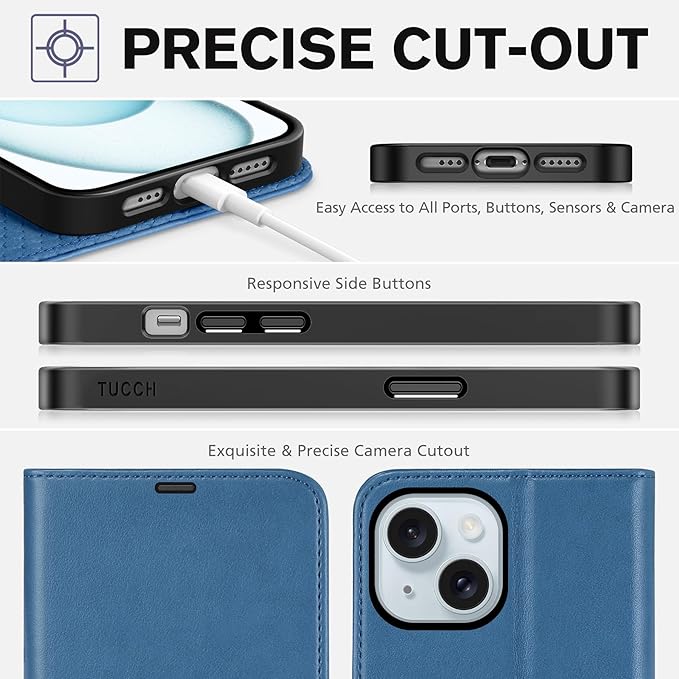 TUCCH Wallet Case for iPhone 15 6.1", Magnetic PU Leather Kickstand Flip Cover with 4 Card Slot Shockproof TPU Interior Shell, [RFID Blocking] Folio Case Compatible with iPhone 15 5G 2023, Light Blue