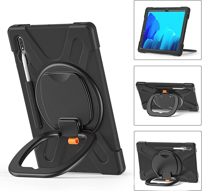 360 Rotation Portable Case for Galaxy Tab S8+/S7 FE/S7+ 12.4 Inch Case with S Pen Holder Rugged Case Rotating Stand Hand Strap Shoulder Carrying Strap Outdoor Cover (Black)