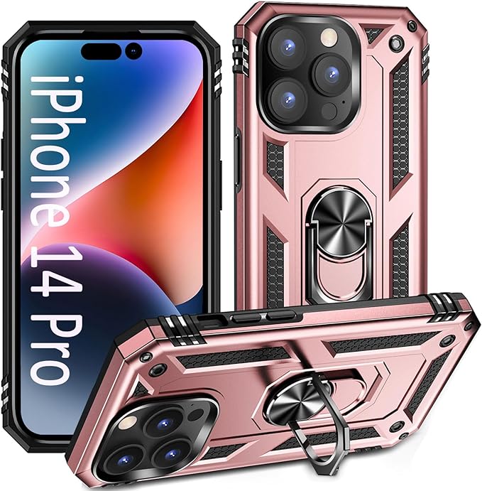 ADDIT Phone Case for iPhone 14 Pro Case,with Kickstand Ring,Adjustable Stand,Military Grade,Heavy Duty Protection,Shockproof,Anti-Fingerprint,Support Magnet Car Mount,Rose Gold
