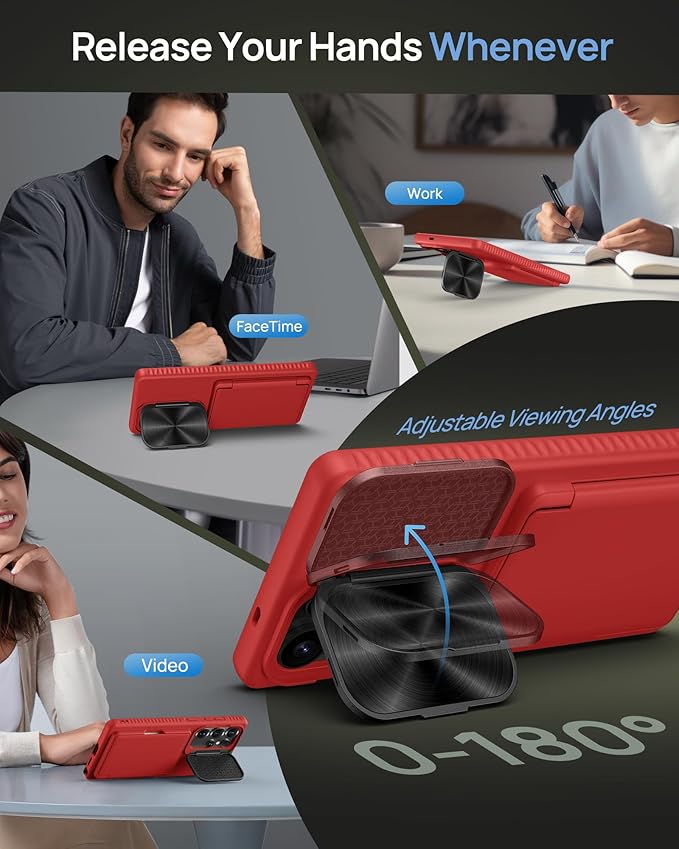 for Samsung Galaxy S25 Ultra Case, Built-in Card Holder & Stand & Lens Cover, Military Grade Drop Tested Soft Silicone Edge Rugged Protective Wallet Phone Case for S25 Ultra 6.9" 2025, Red